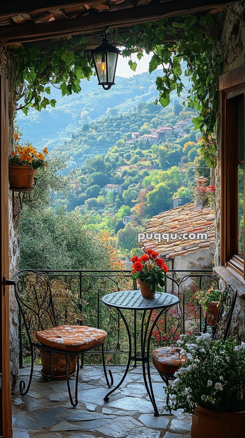 Small patio with a round table and two cushioned chairs, surrounded by potted plants and flowers, overlooking lush green hills and distant houses.