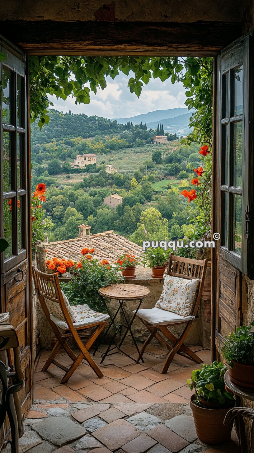 A patio with two wooden chairs and a small table overlooks a countryside landscape with rolling hills and scattered houses. Red flowers and green vines frame the view from an open doorway.