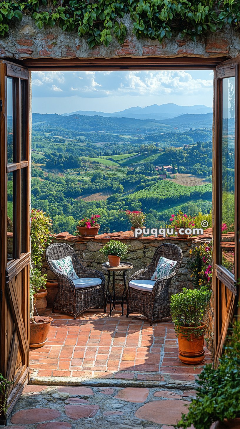 Open wooden doors leading to a terrace with two wicker chairs and a small table, offering a panoramic view of lush green hills and distant mountains.