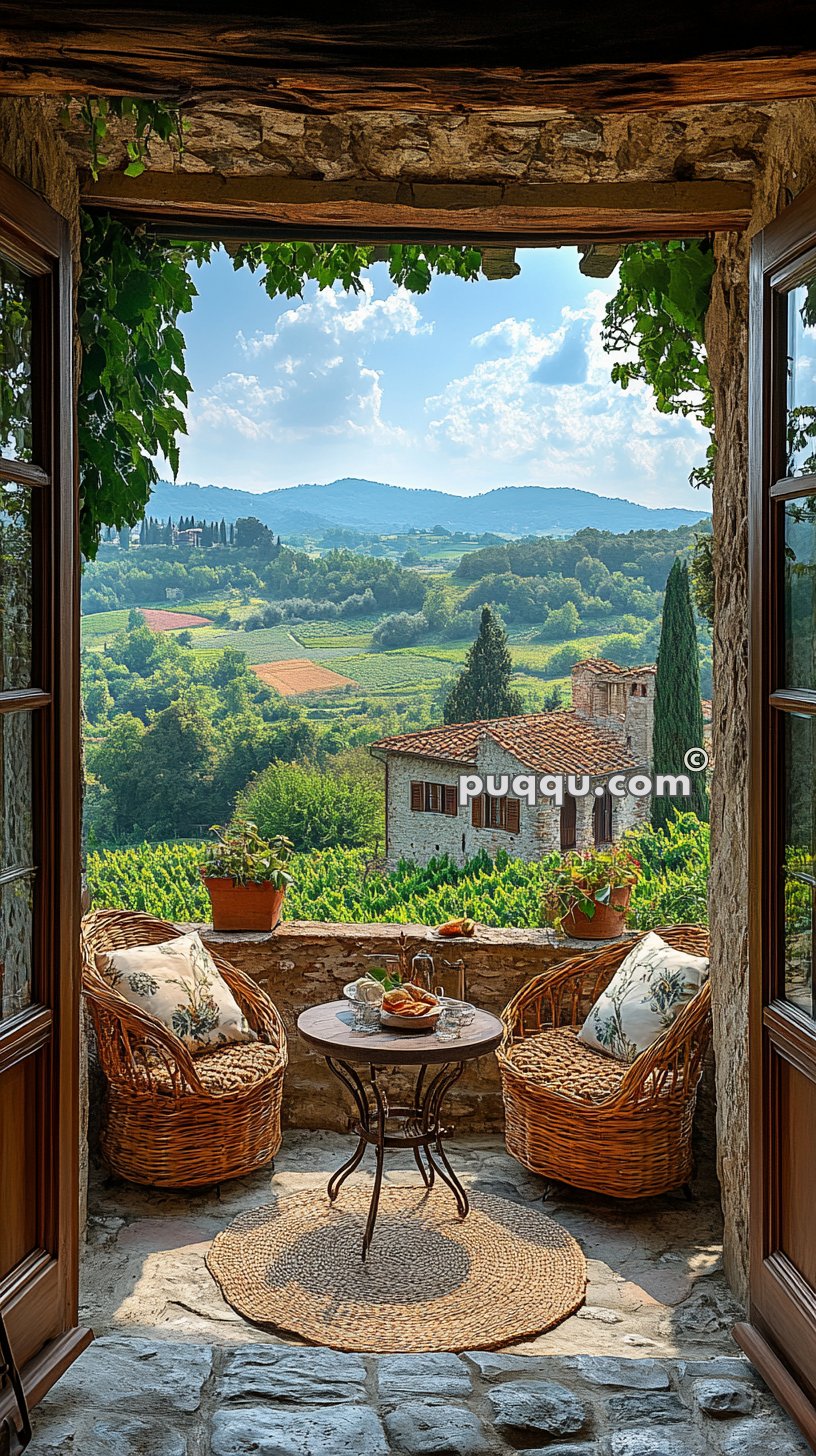 View of a picturesque countryside with rolling hills and a rustic house from a stone balcony furnished with wicker chairs, a small table with pastries, and potted plants.