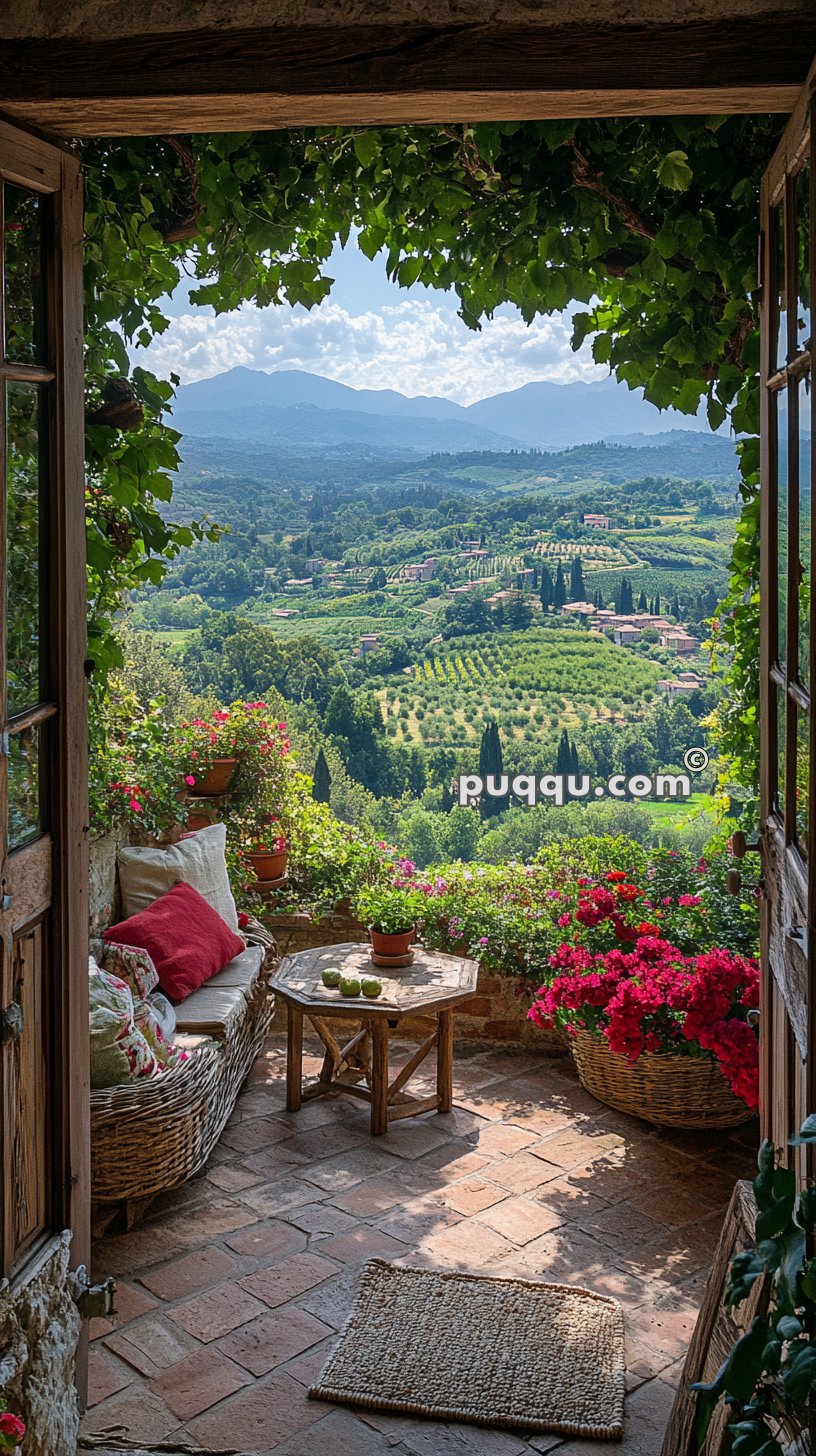 A cozy patio area with a wicker sofa and colorful cushions, surrounded by potted plants and flowers, offers a breathtaking view of a lush, green valley with mountains in the distance.