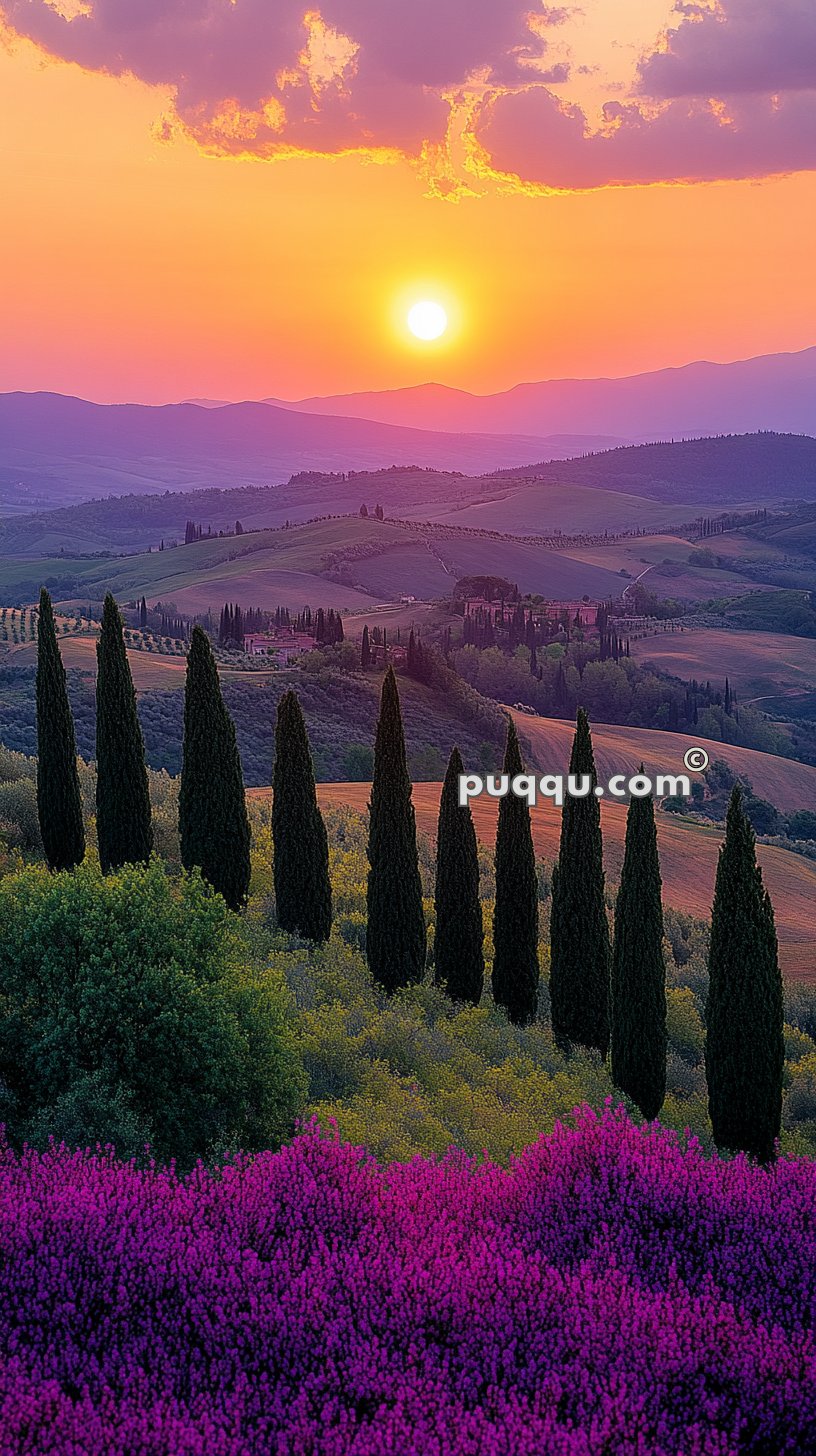 Sunset over rolling hills and tall cypress trees in a lush, colorful landscape.