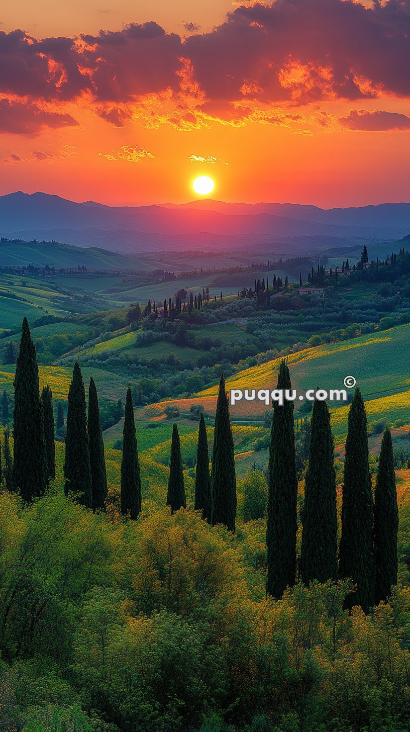 Sunset over a Tuscan landscape with rolling hills, rows of tall cypress trees, and lush greenery.