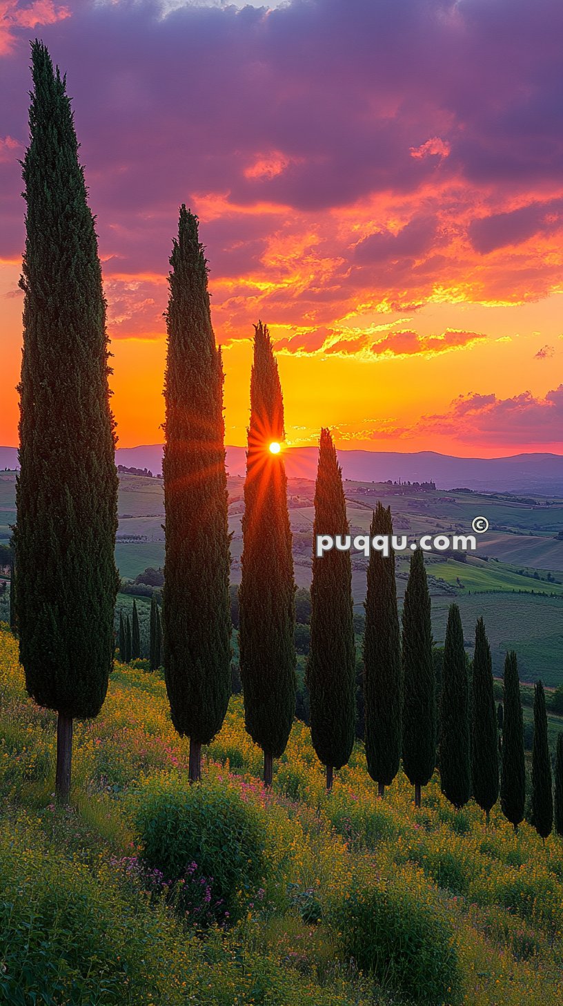 Row of tall cypress trees on a hillside during a vibrant sunset, with fields and rolling hills in the background.