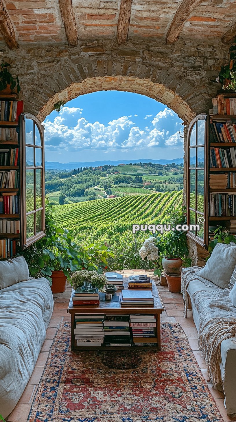 A cozy reading nook with bookshelves and a table laden with books, set within a rustic stone archway featuring wooden beams. The open window reveals a picturesque vineyard landscape under a bright blue sky with scattered clouds.