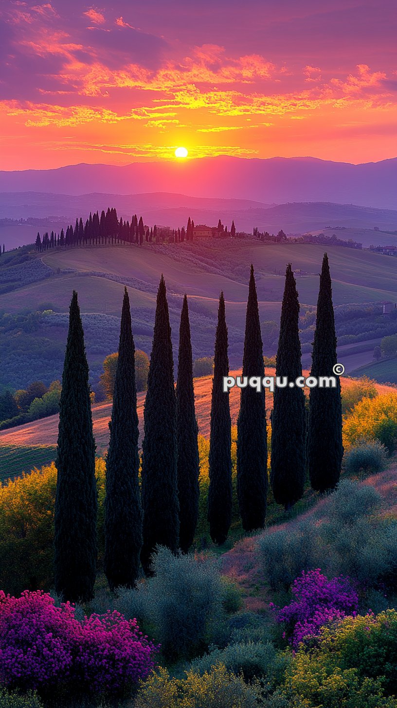 Tall, dark cypress trees in the foreground with rolling green hills and a colorful sunset sky in the background.