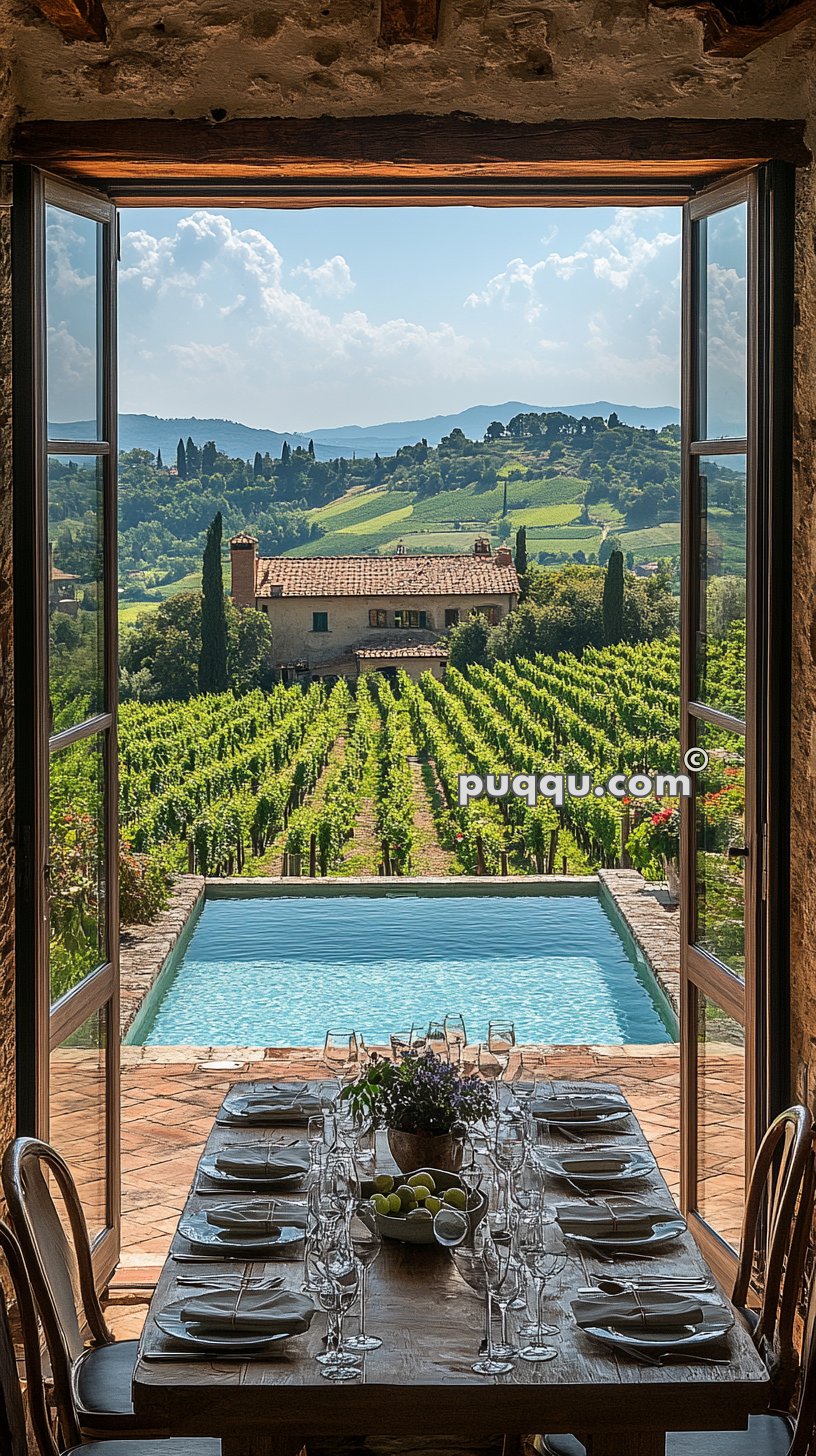 Open French doors showcasing a table set for a meal, which overlooks a pool, a vineyard, and a rustic house amidst hilly countryside.