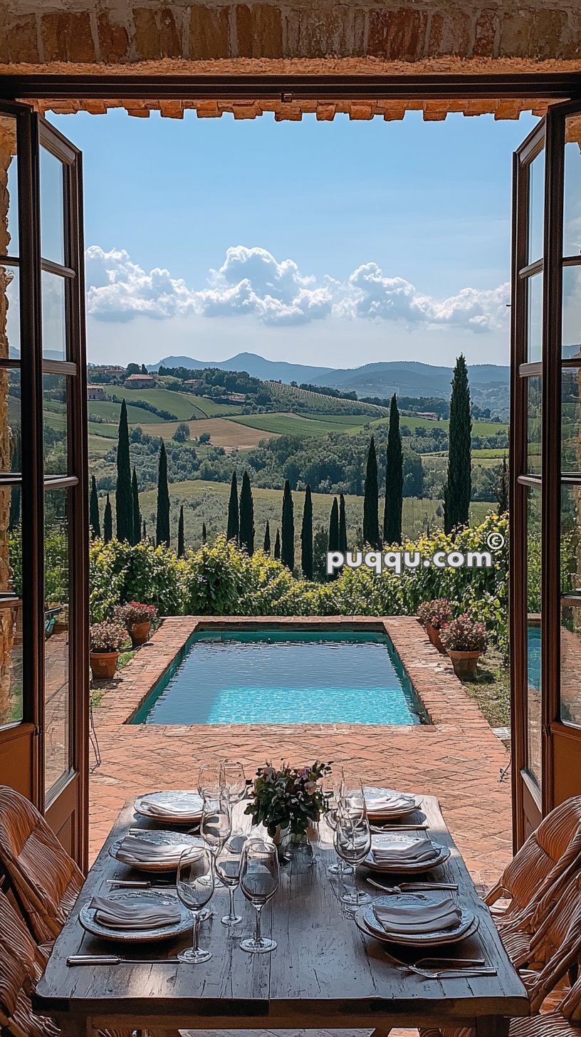 Open double doors reveal a patio with a set dining table, a rectangular pool, and a picturesque landscape of rolling hills and cypress trees beyond.