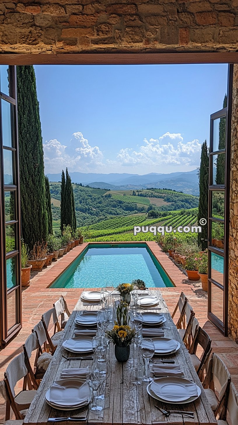 Outdoor dining table set for a meal, overlooking a pool and scenic vineyard landscape with hills and cloudy blue sky in the background.