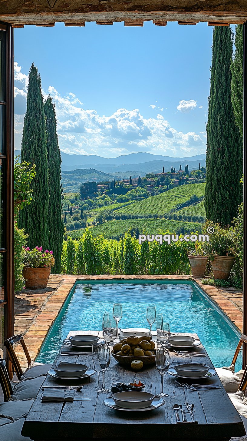 Table set for a meal overlooking a swimming pool and a scenic vineyard landscape with rolling hills and cypress trees.