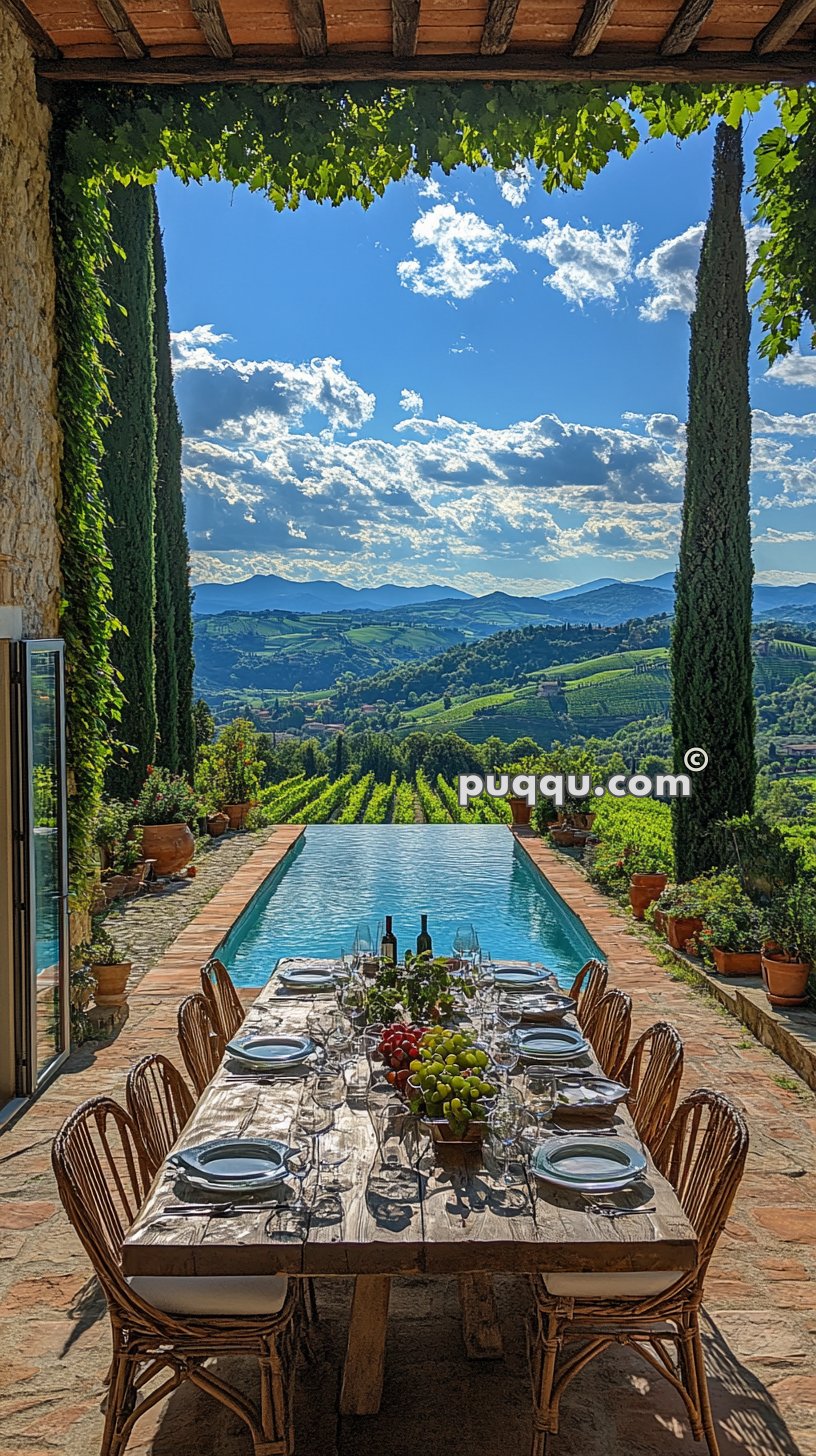 Outdoor dining area with a wooden table set for a meal, placed beside an infinity pool, overlooking a scenic landscape of rolling hills and vineyards under a partly cloudy sky.