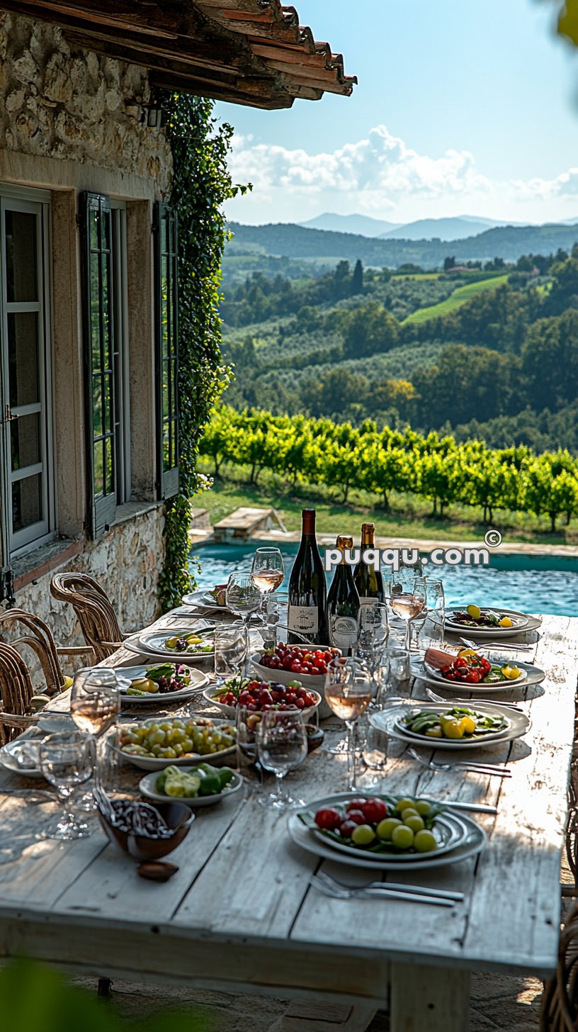 Outdoor dining table with plates of food, wine bottles, and glasses set against a scenic background of vineyards and rolling hills.