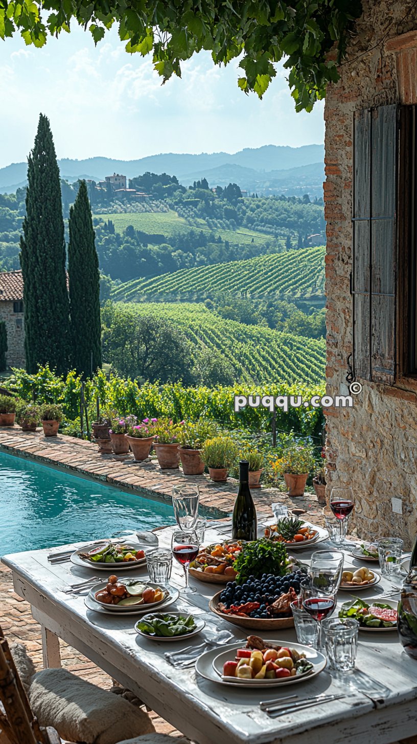 Outdoor dining table set with various dishes, overlooking a pool and a picturesque vineyard landscape with cypress trees and rolling hills.