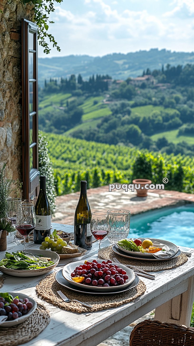 A rustic outdoor dining table set with plates of grapes, salads, and wine, overlooking a vineyard and rolling hills in the background.