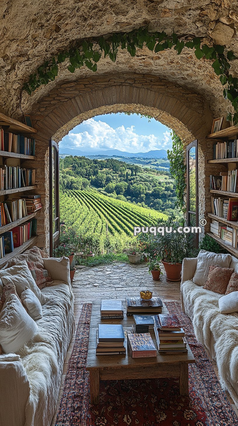 A cozy stone-walled reading nook with bookshelves, comfortable seating, and a coffee table filled with books, opens up to a scenic view of a vineyard and rolling hills under a partly cloudy sky.