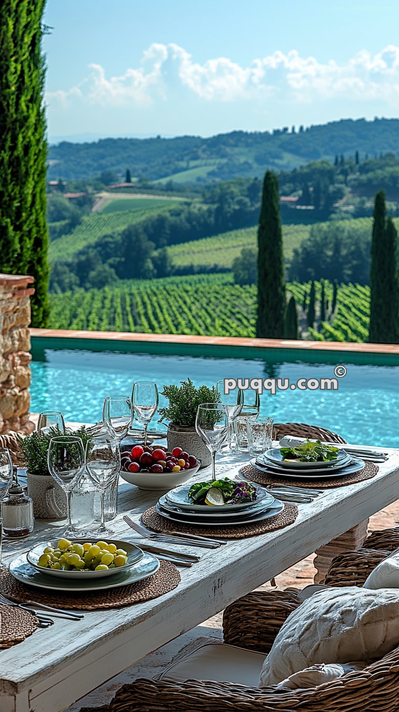 Outdoor dining table set with plates of food and wine glasses, overlooking a scenic vineyard and rolling hills.