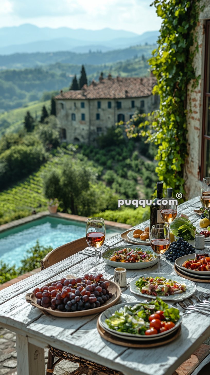 Outdoor dining table set with various dishes and glasses of wine, overlooking an Italian countryside with a rustic villa and vineyard in the background.