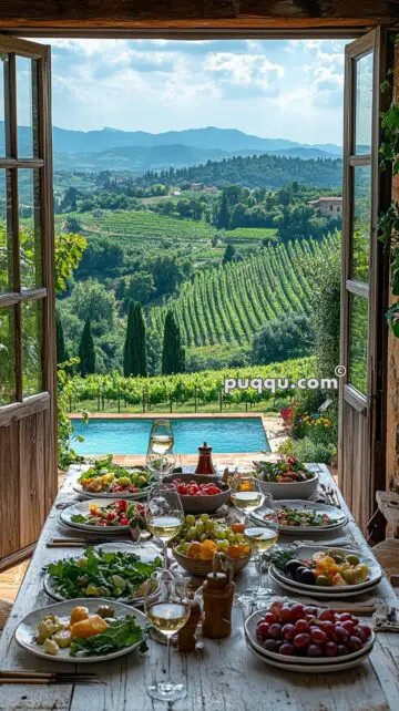 A rustic table set with salads, fruits, and wine overlooks a vineyard and mountains through open wooden doors, with a pool in the foreground.