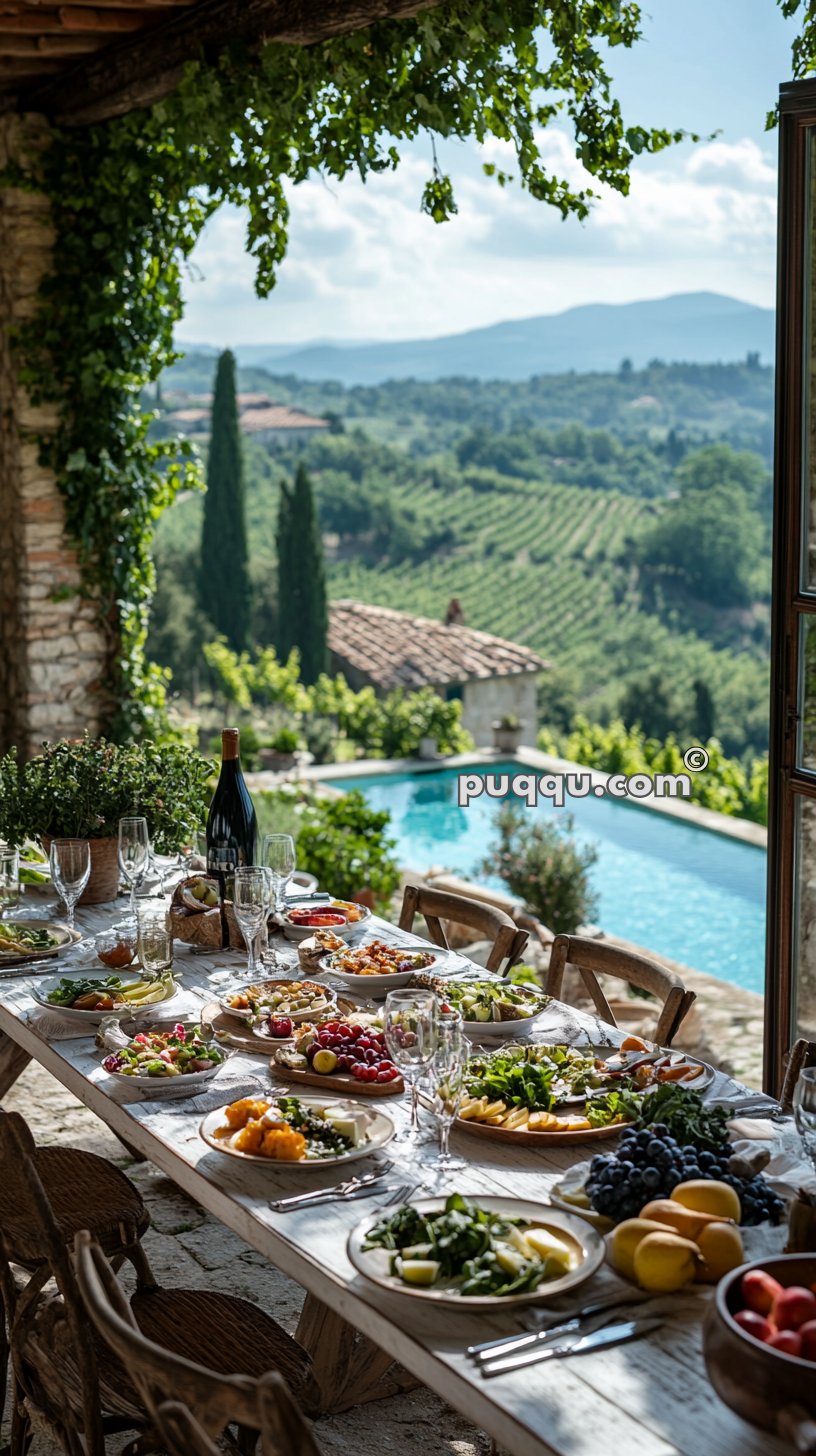 A rustic outdoor dining table set with various plates of food, overlooking a scenic vineyard and hilly landscape.