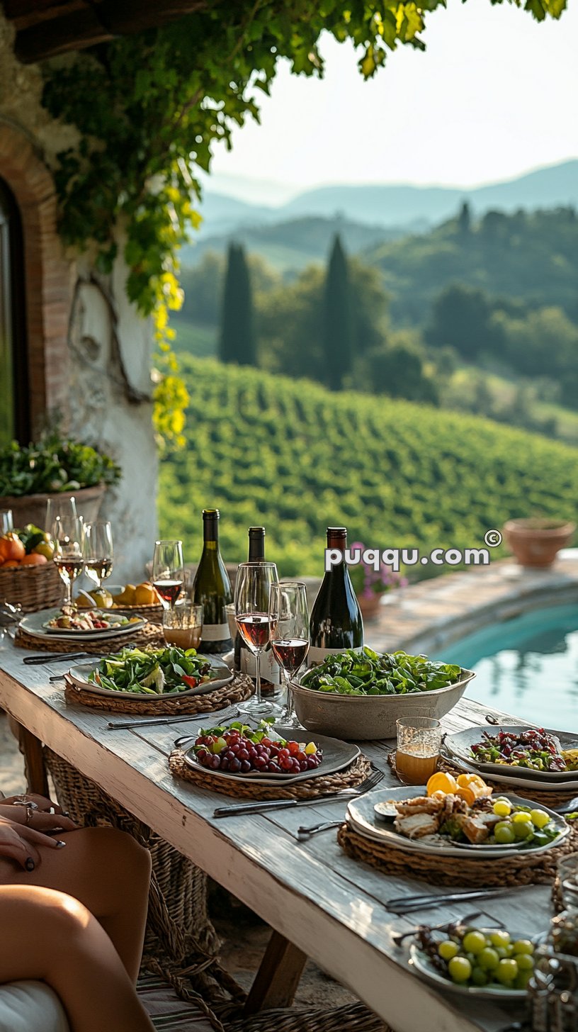 Outdoor dining table with salads, wine, and fruits, set on a patio overlooking vineyards and hills.