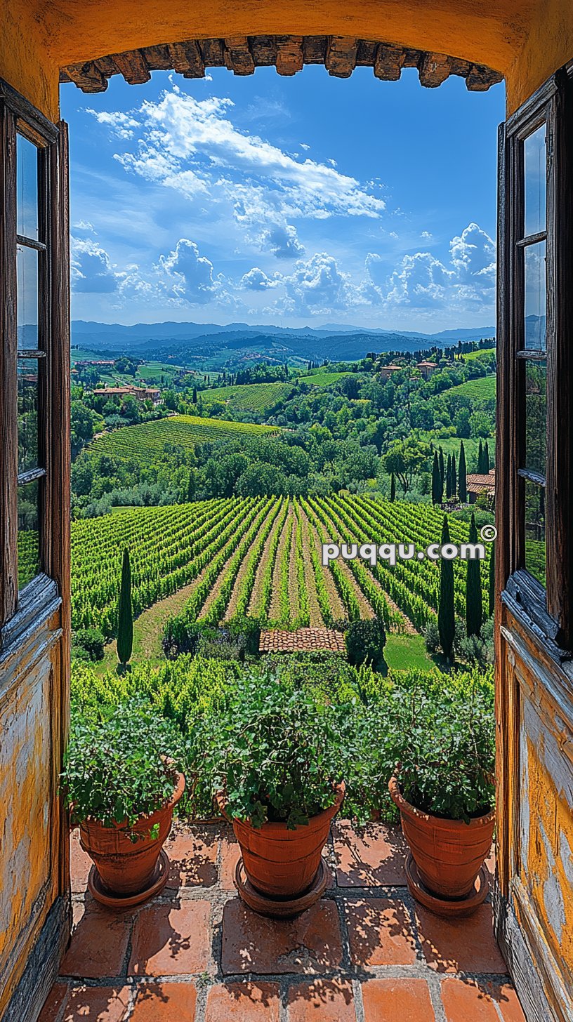 Rustic terrace with potted plants overlooking a vibrant green vineyard and rolling hills under a bright blue sky with scattered clouds.