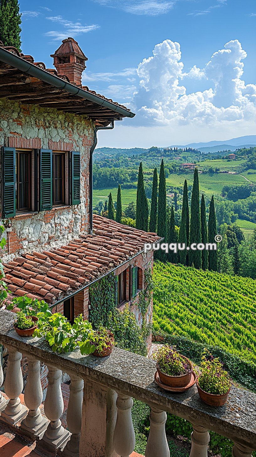 View from a balcony with potted plants overlooking a rustic stone house with a tile roof and green shutters, surrounded by a lush landscape with tall cypress trees and rolling hills under a partly cloudy sky.