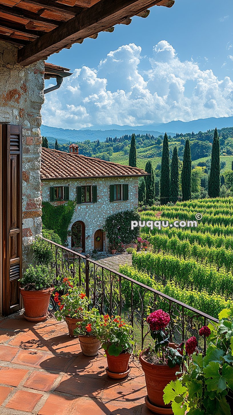 Stone house with a tiled roof and green shutters, surrounded by vineyards and tall cypress trees, viewed from a terrace with potted flowers.