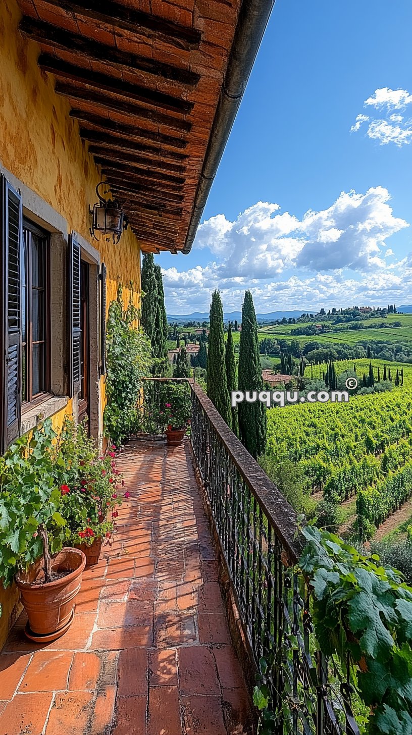 Terracotta-tiled balcony with potted plants overlooking a lush vineyard and rolling hills under a partly cloudy sky.