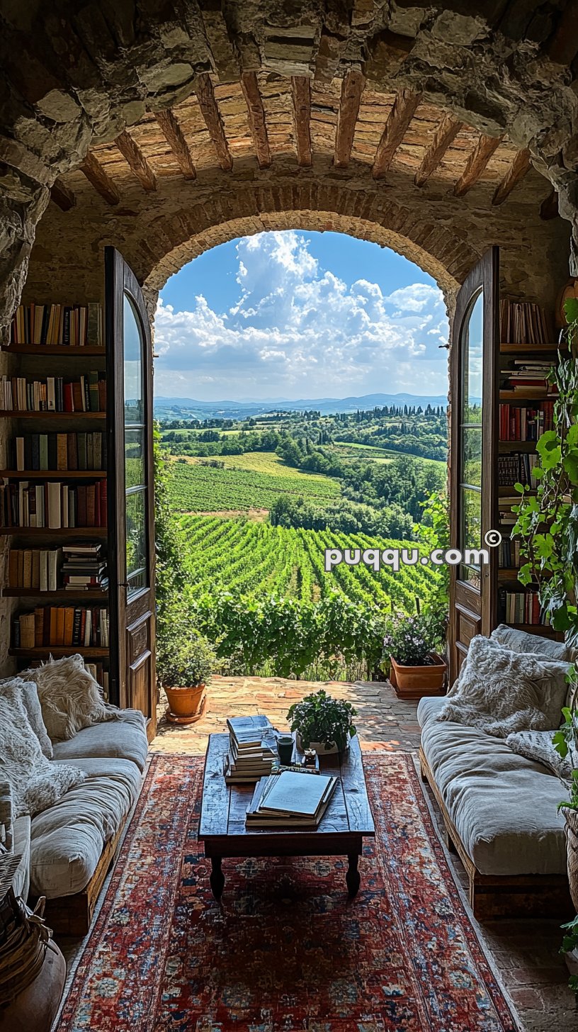 Cozy interior with bookshelves and sofas, looking out through an arched doorway to a vineyard and rolling hills under a blue sky.