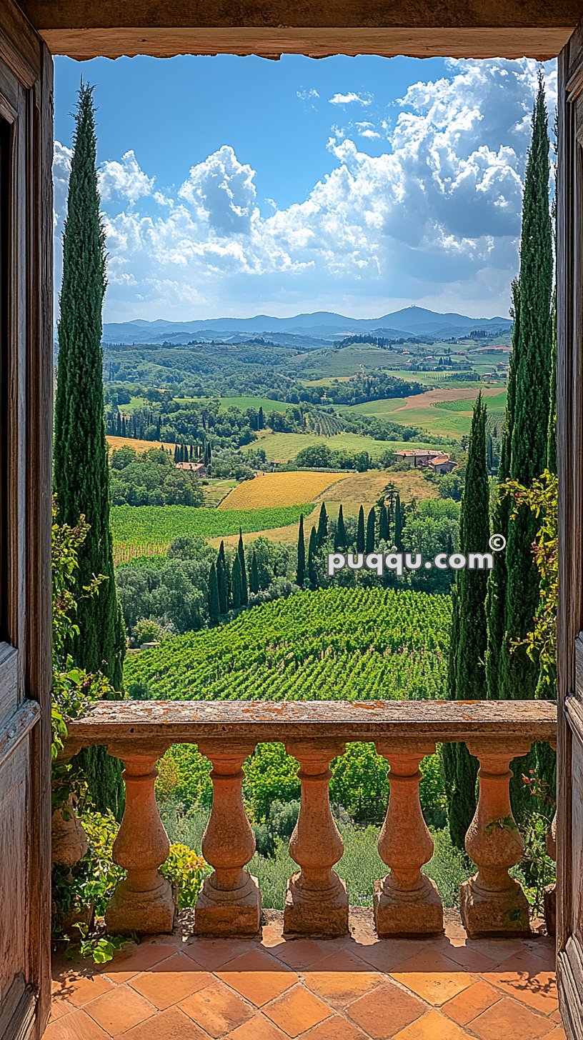 View of a lush, green vineyard with cypress trees and rolling hills from an old stone terrace with a balustrade under a partly cloudy sky.