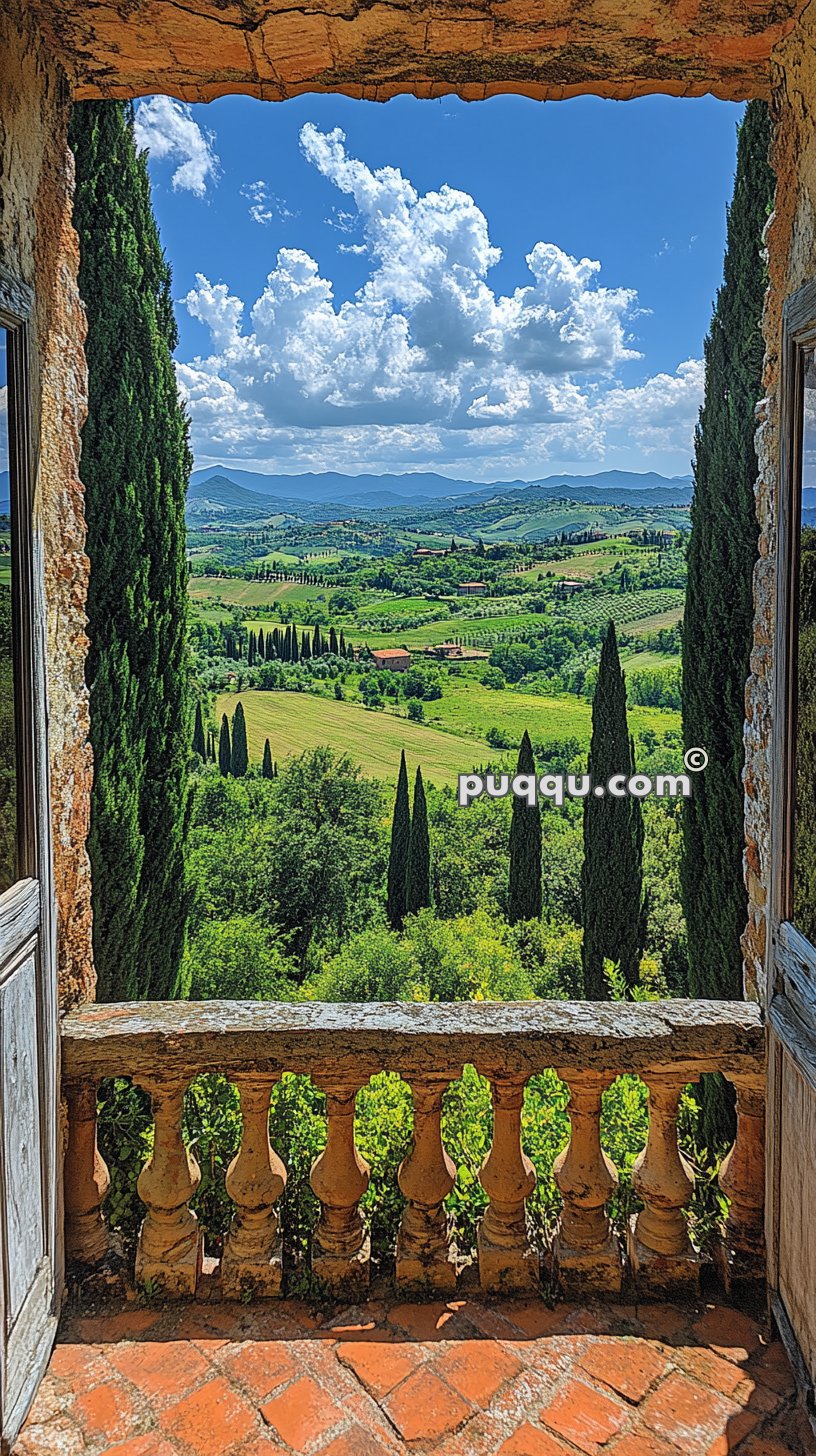 View of a lush, hilly landscape with cypress trees from an old stone balcony on a sunny day.