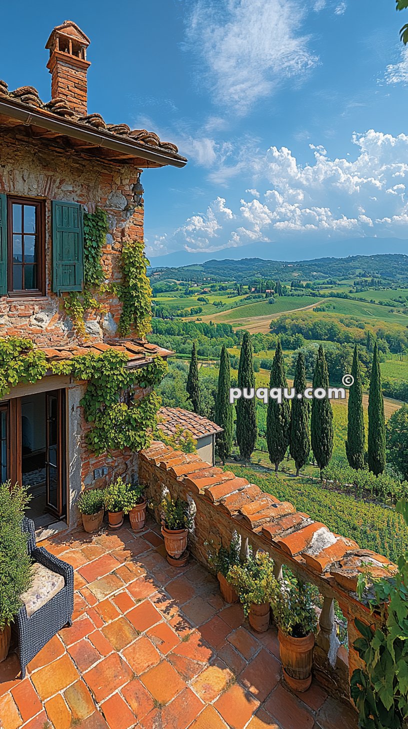 Brick terrace with potted plants overlooking a scenic landscape of green rolling hills and cypress trees under a partly cloudy sky.