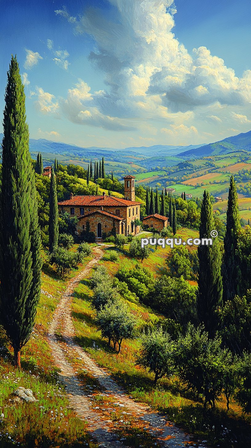 Painting of a picturesque Tuscan countryside with a winding dirt road leading to a rustic stone house surrounded by tall cypress trees and rolling green hills under a bright blue sky with fluffy clouds.