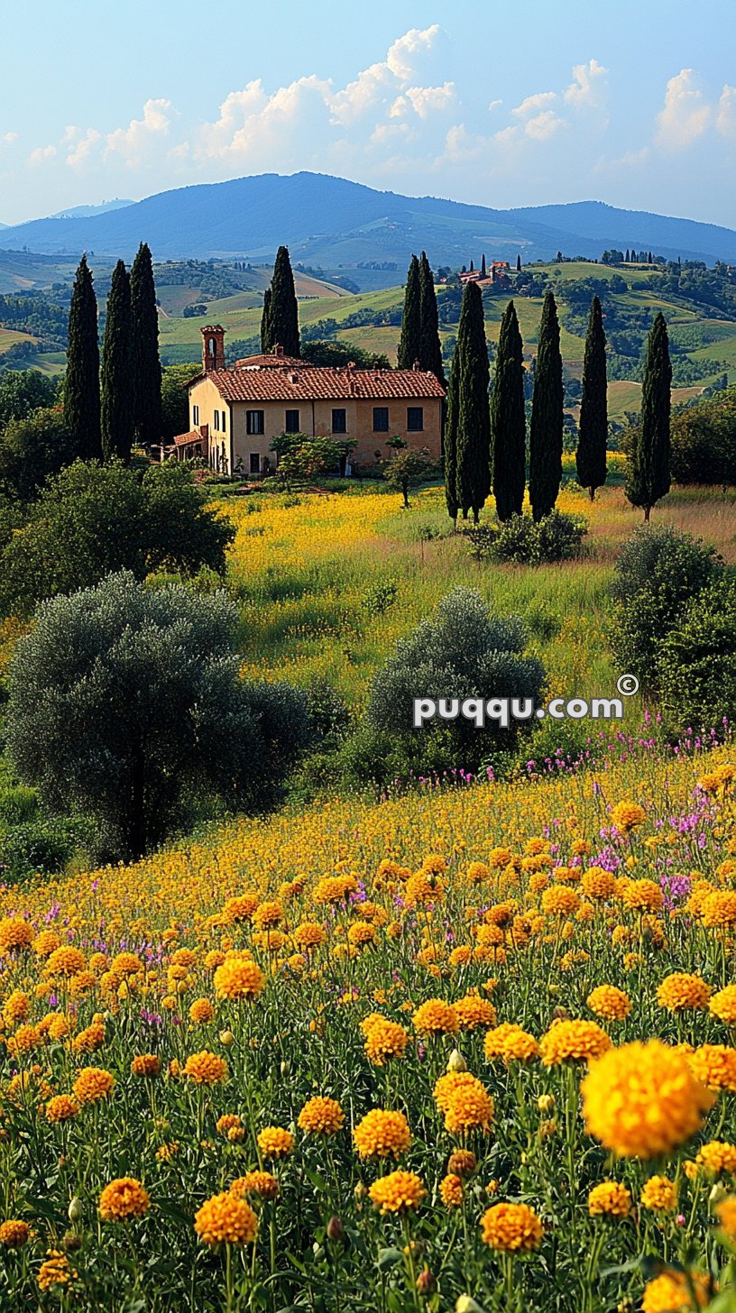 A countryside house surrounded by tall cypress trees and a field of vibrant yellow and purple flowers, with rolling green hills and mountains in the background under a blue sky with scattered clouds.