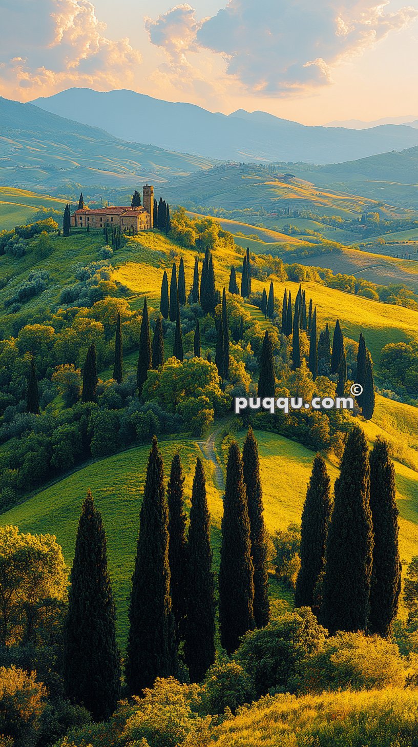 Scenic view of a countryside with rolling hills covered in greenery, tall cypress trees, and a remote villa on a hilltop under a sky with fluffy clouds.