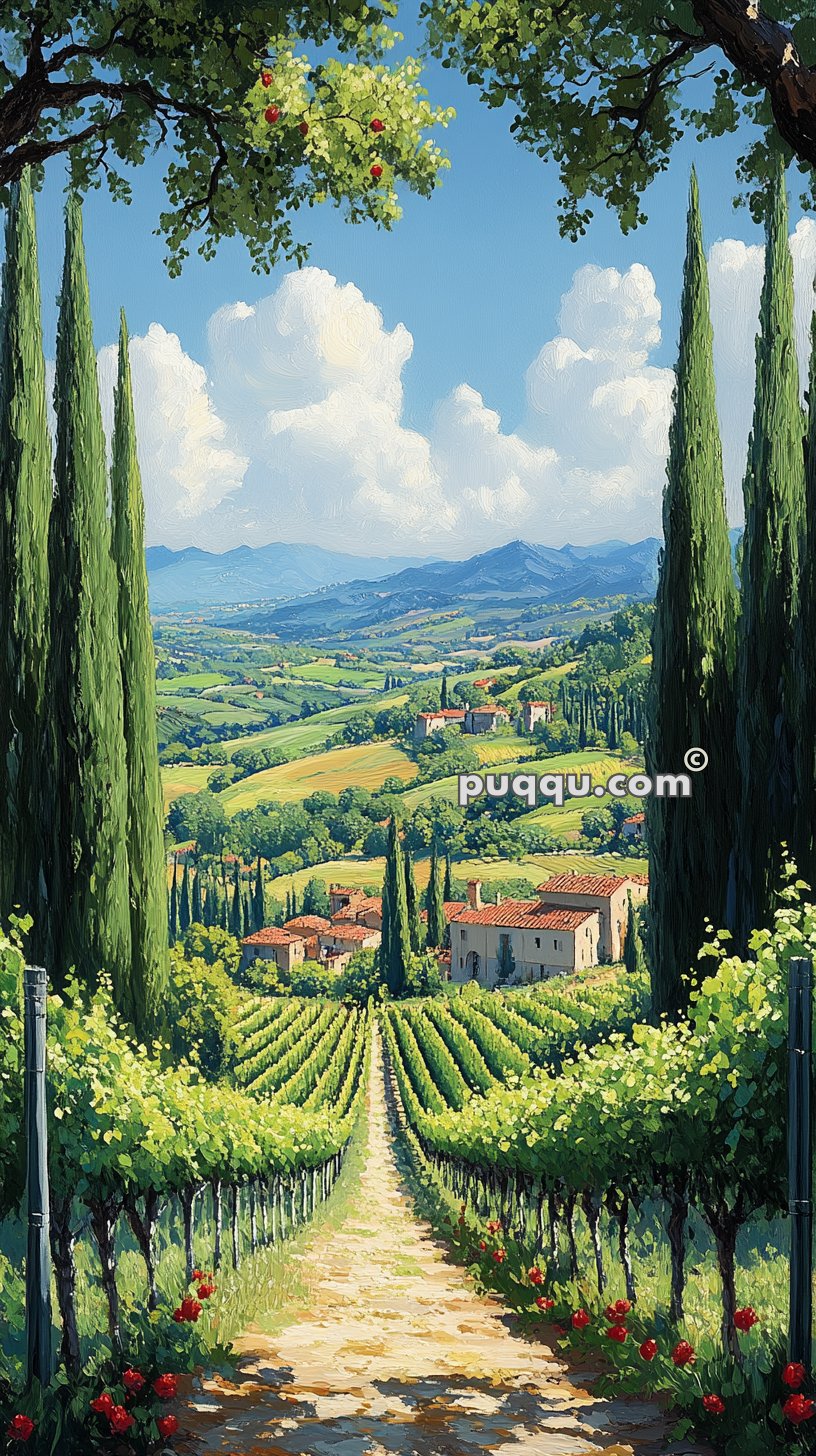 Scenic view of a Tuscan vineyard with a path leading through rows of grapevines, cypress trees, and distant hills under a blue sky with fluffy clouds.