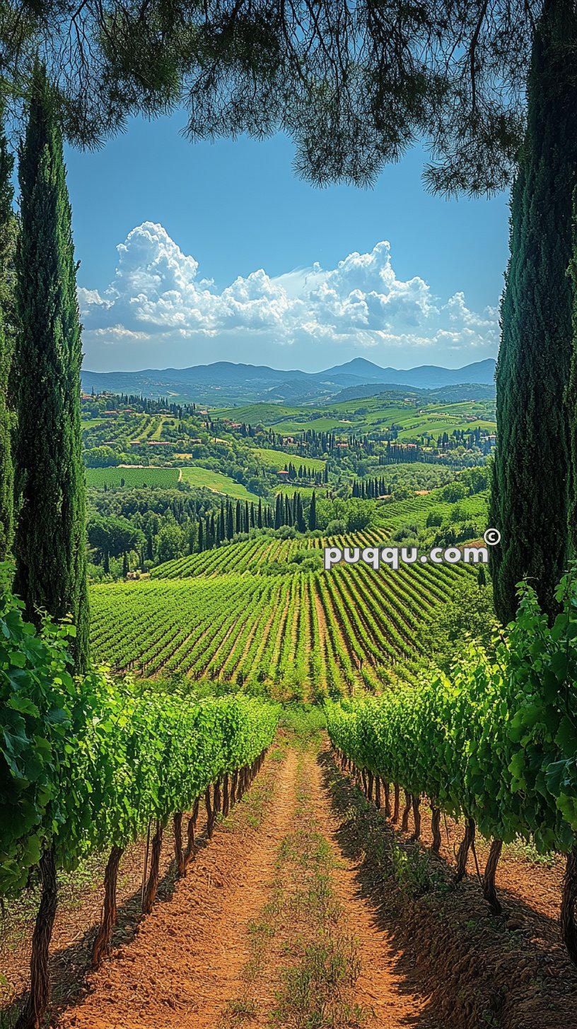 A vineyard with lush green rows of grapevines stretching into the distance, framed by tall cypress trees, against a backdrop of rolling hills and a partly cloudy sky.