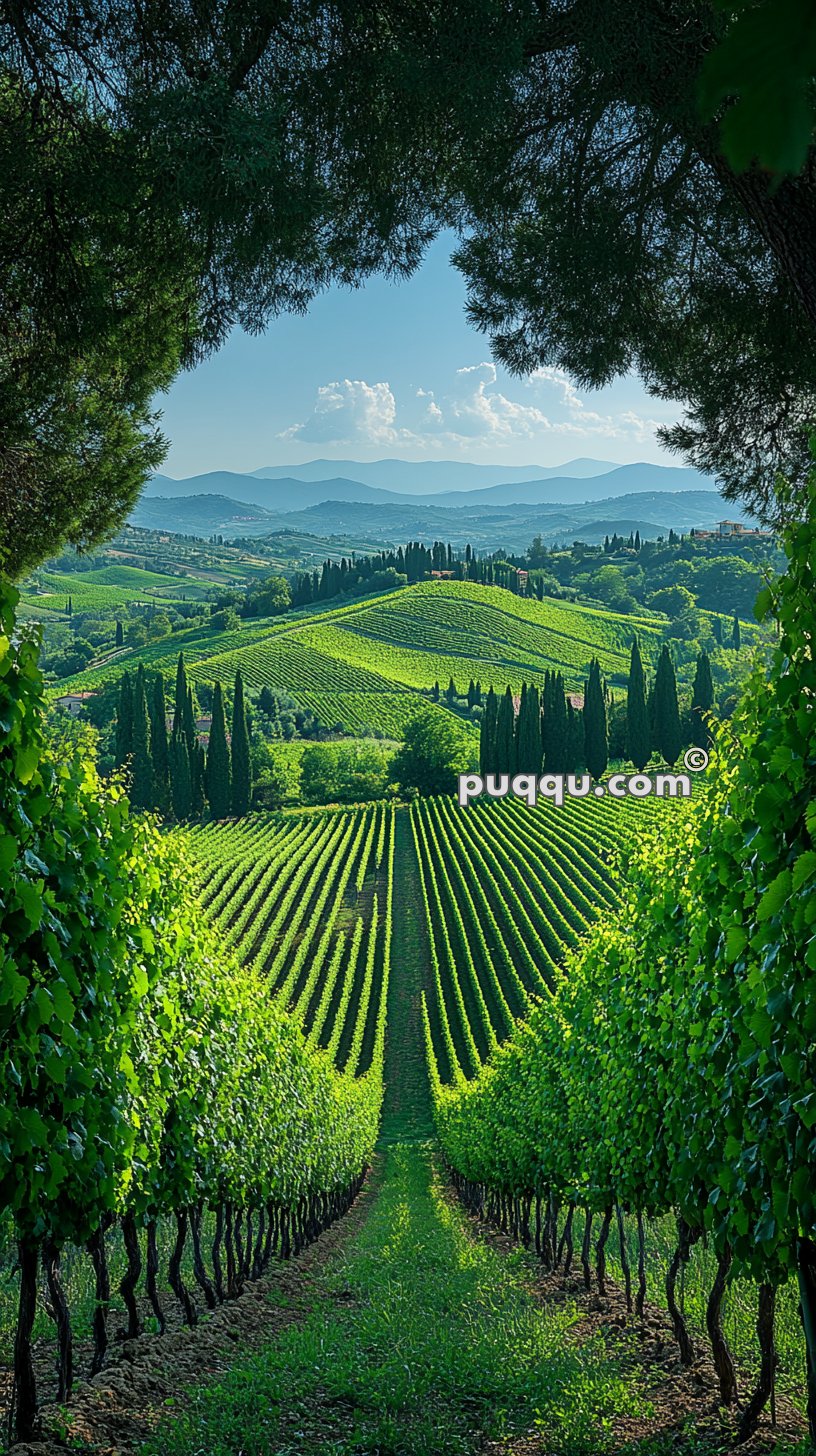 Green vineyard rows stretching into the distance, framed by trees, with rolling hills and distant mountains under a blue sky in the background.