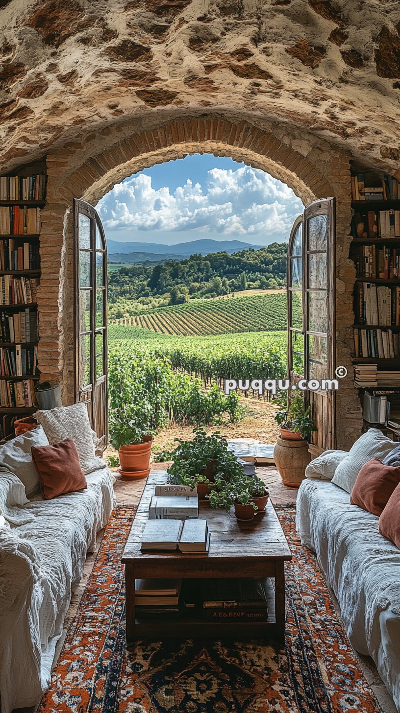 Rustic room with stone walls featuring bookshelves on each side, white sofas with colorful cushions, a wooden coffee table with potted plants and books, and an open arched door showcasing a scenic vineyard and distant mountains.