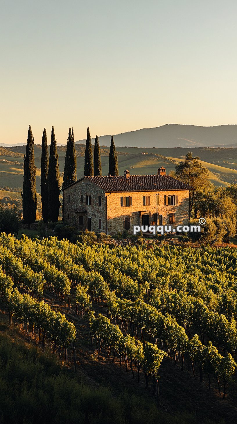 Stone house surrounded by vineyards and cypress trees in a hilly landscape at sunset.