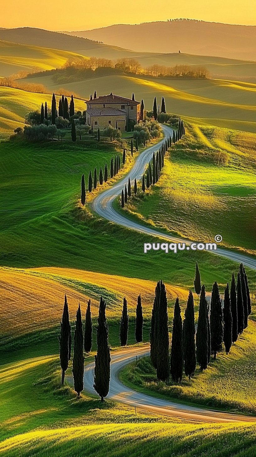 Winding road lined with cypress trees leading to a hilltop villa, set amidst rolling green hills under a golden sky.