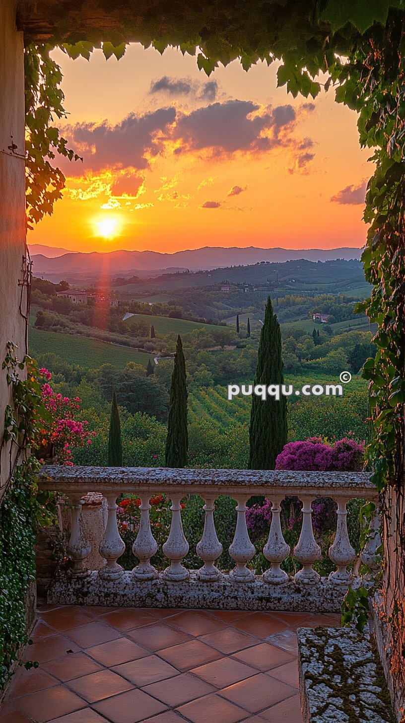 View of a scenic sunset over rolling hills and a lush valley from a balcony framed by hanging plants.