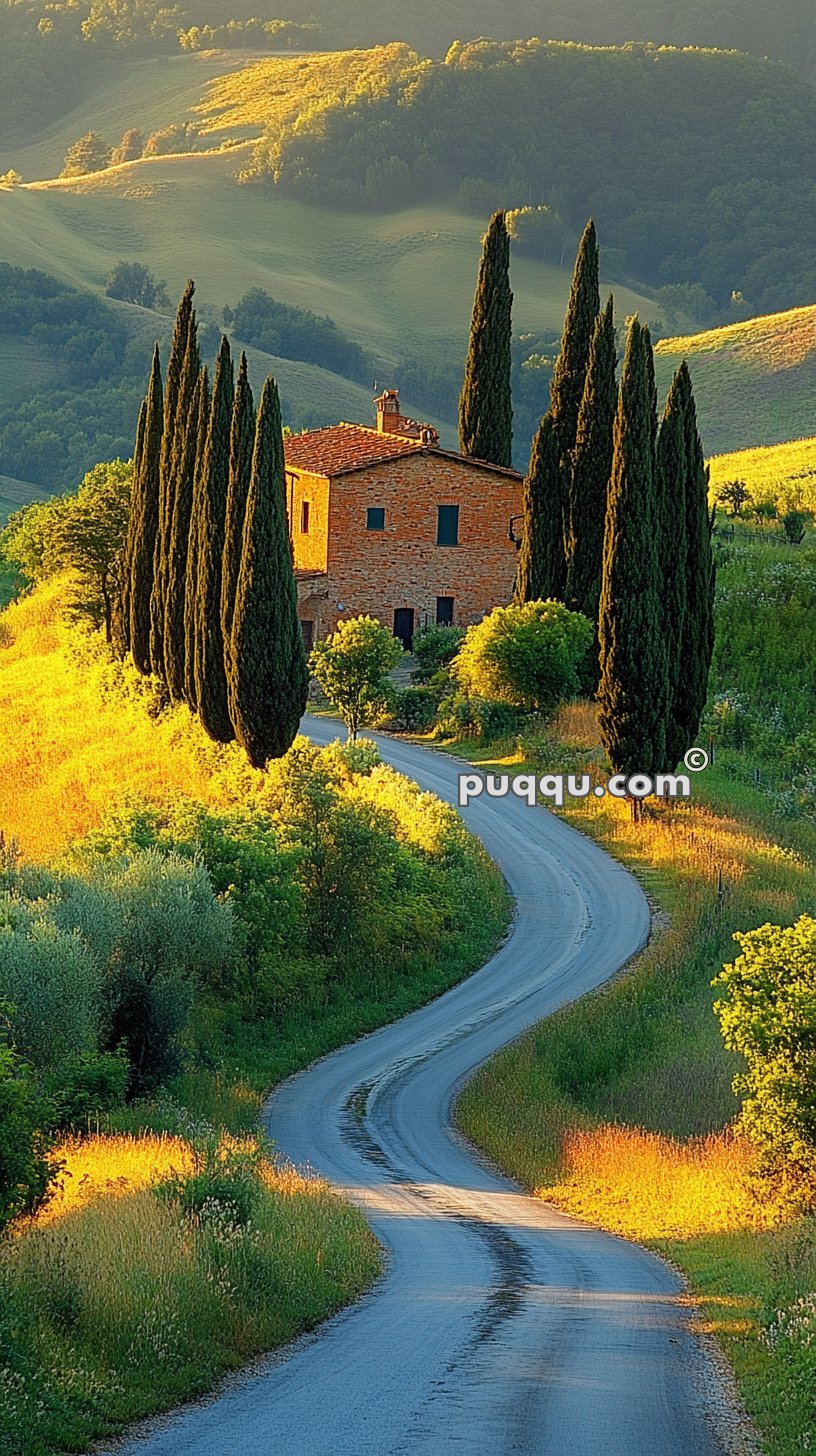 Brick house surrounded by tall cypress trees on a winding road in rolling green hills.