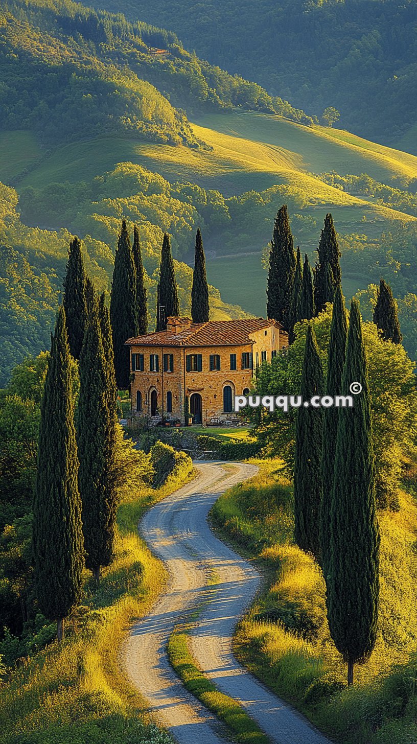 Winding road lined with tall cypress trees leading to a rustic brick house in a sunny, green mountainous landscape.