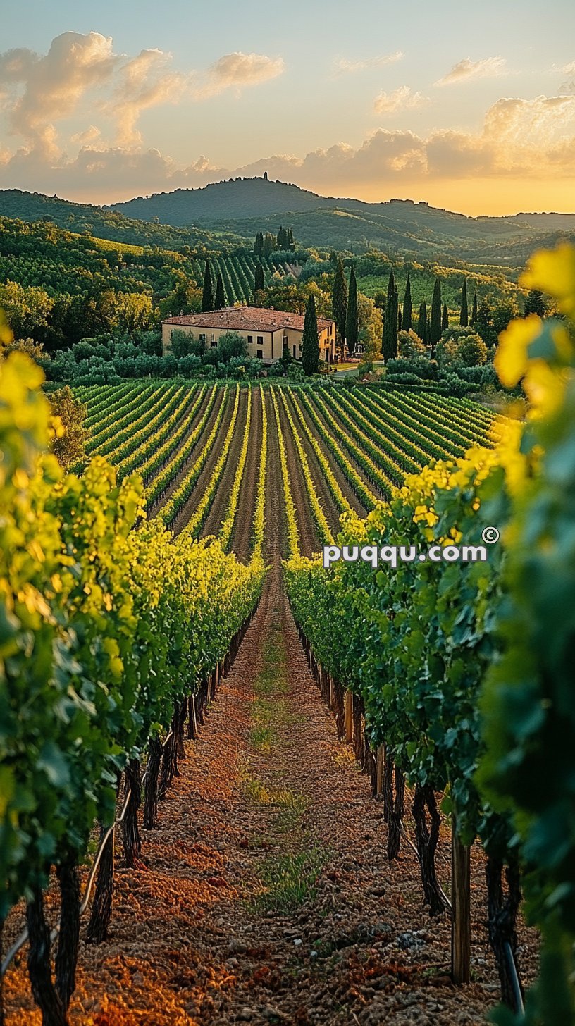 A lush vineyard in the foreground leads up to a rustic villa surrounded by tall cypress trees and green hills under a partly cloudy sky at sunset.