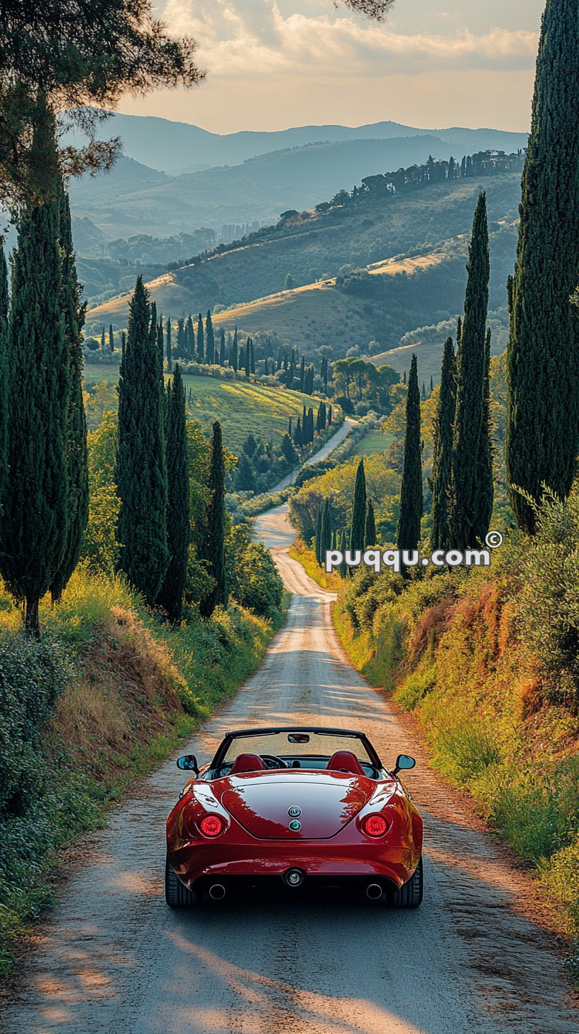 A red convertible sports car driving down a winding country road flanked by tall cypress trees with rolling hills in the background.