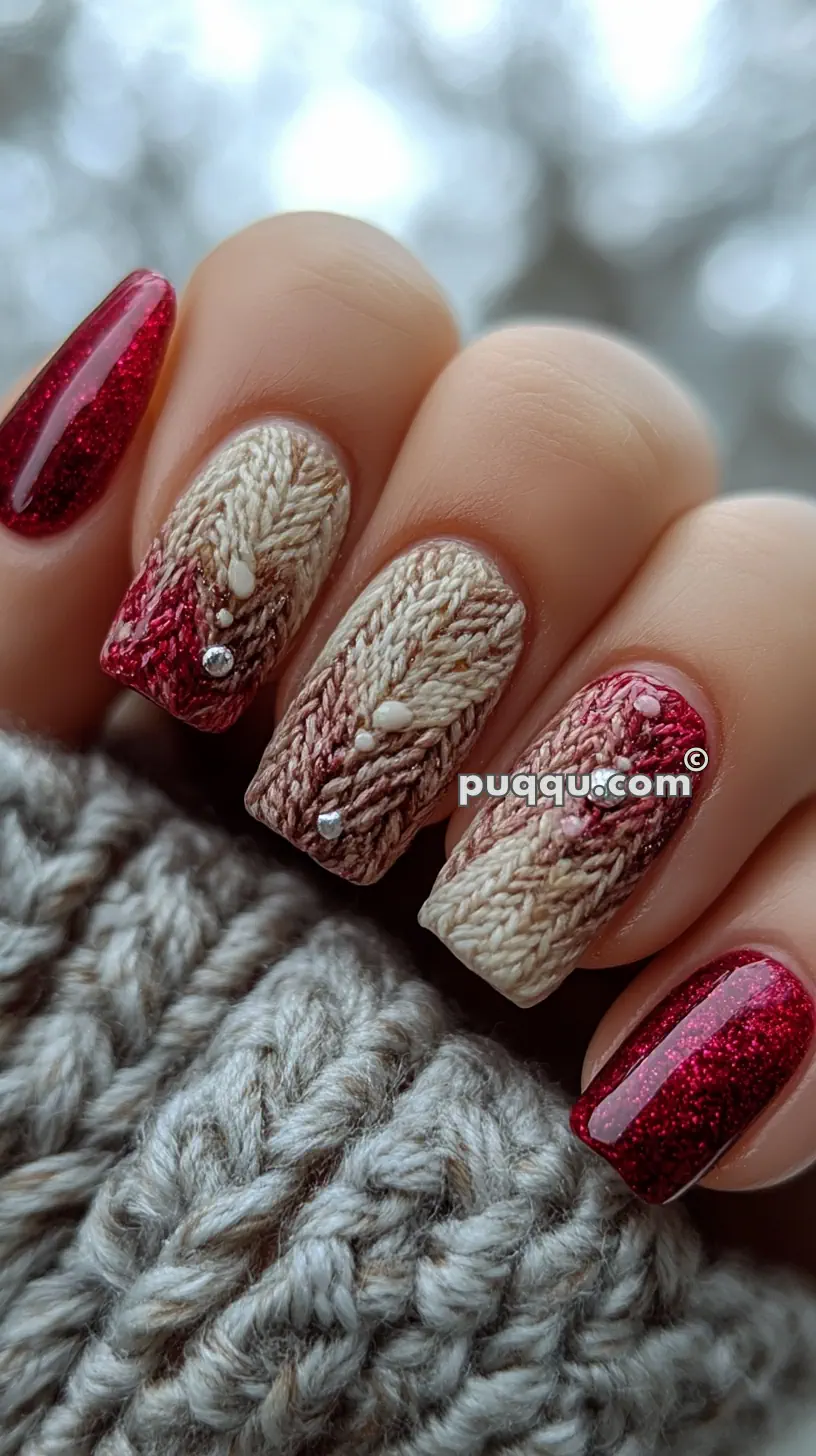 Nails with a sweater-knit design in beige and maroon, accented with rhinestones and surrounded by a grey knitted fabric.