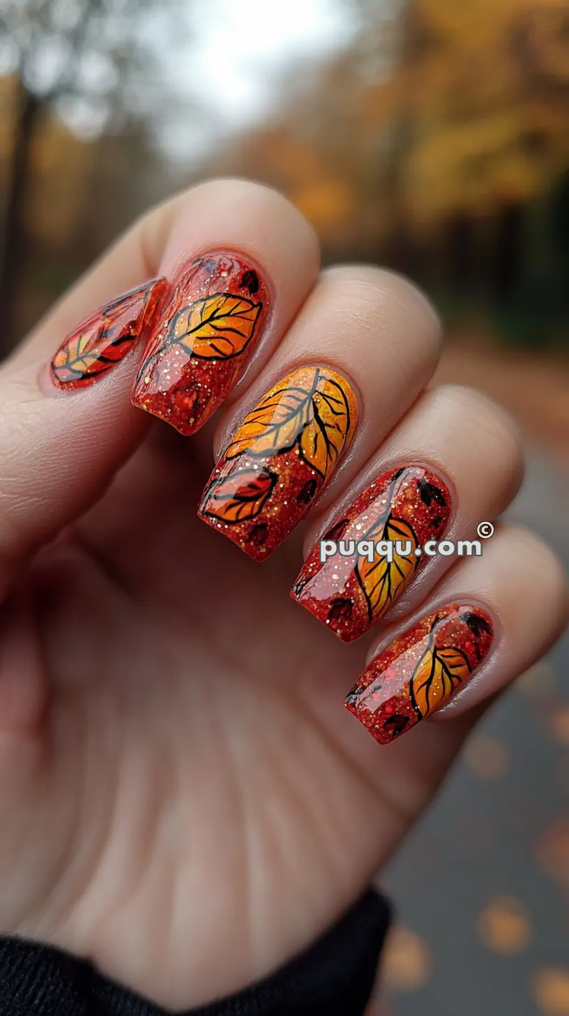 A close-up of a hand with autumn-themed nail art featuring colorful fall leaves on a glittery orange-red background.