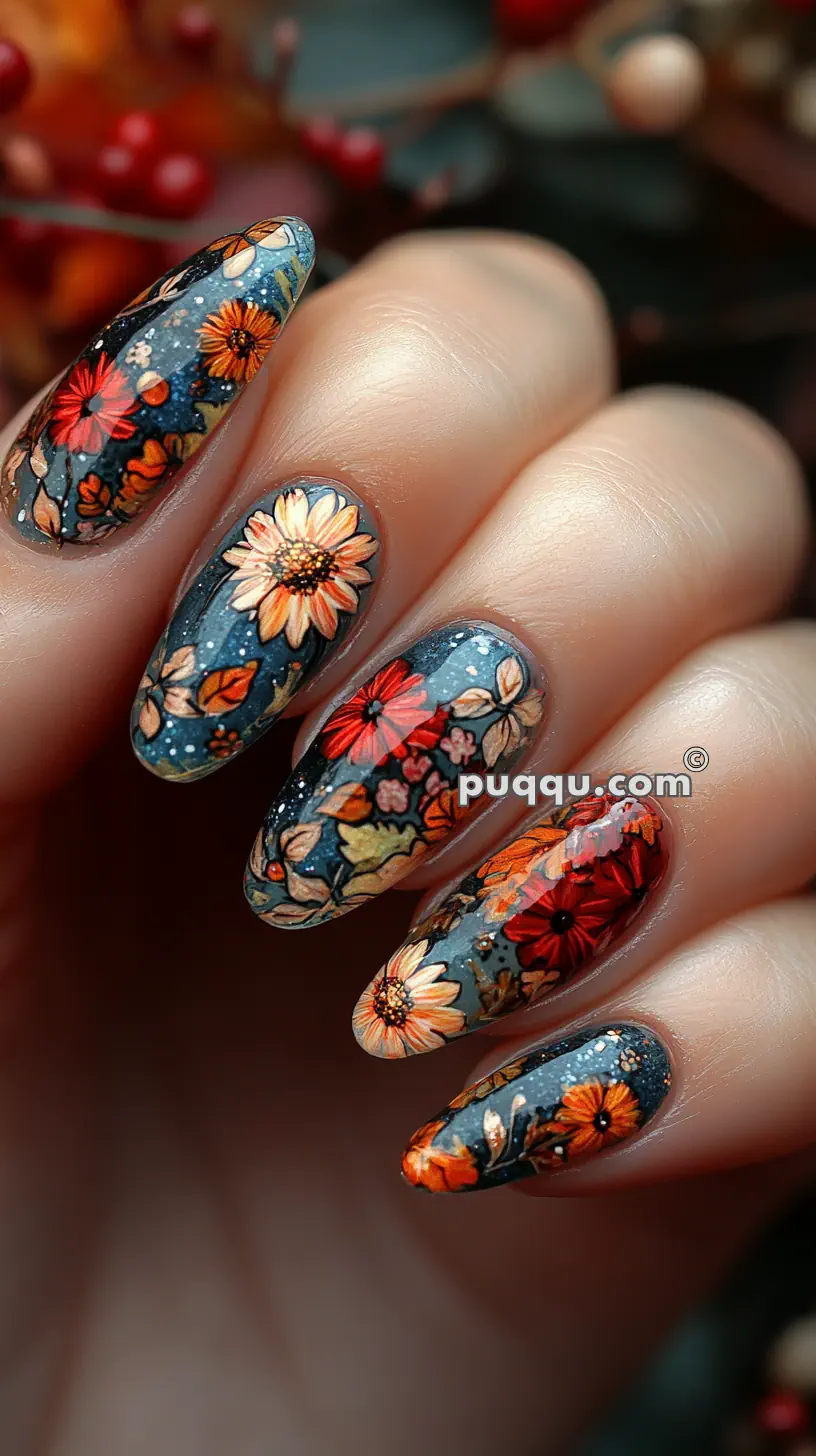 Close-up of nails with intricate floral nail art featuring autumn-colored flowers and leaves on a dark background.