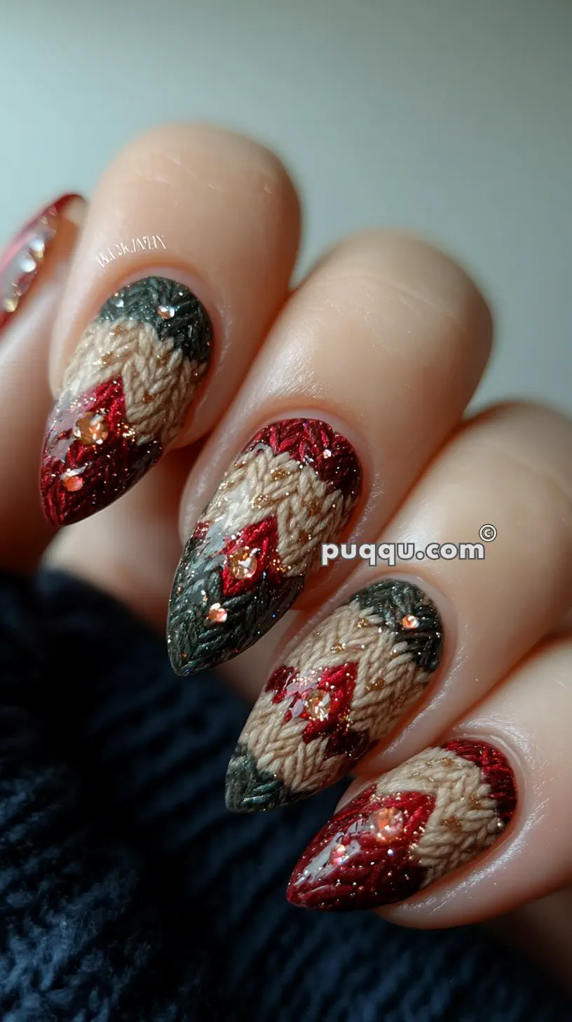 Nails with detailed 3D knit texture design in beige, red, and green colors, adorned with small glitter accents.